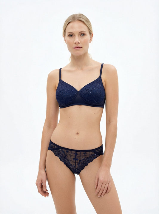 Crystal Dawn Navy Blue Rhinestone Bra & Lace Panty Set – Luxury Designer Lingerie
